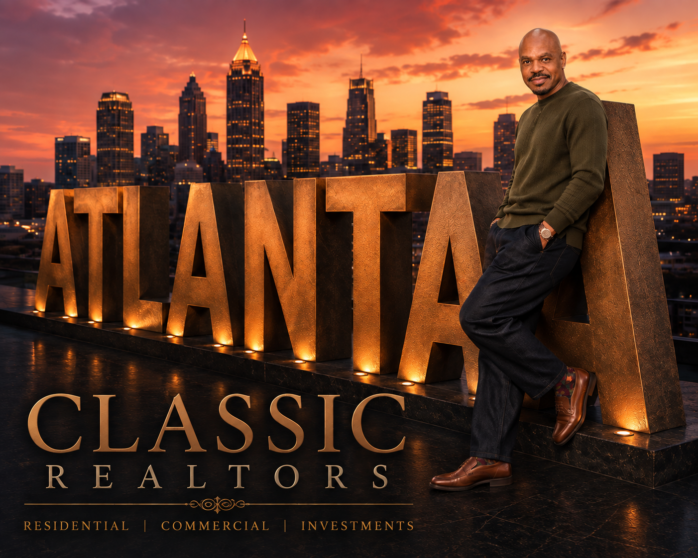 Cal Robertson beside illuminated Atlanta Classic Realtors branding against the Atlanta skyline at sunset